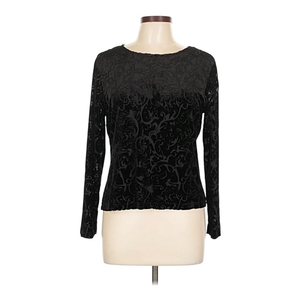 Talbots Petites Black Velvet Burnout Floral Long‎ Sleeve Top Size P (XS)